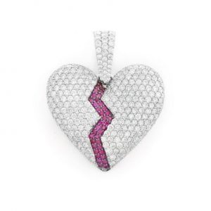 Broken Heart Pendant with Natural Diamonds and Red Gemstone Accents
