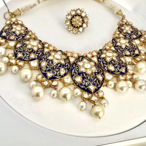 Royal Polki Necklace Set with Enamel and Pearl Detailing