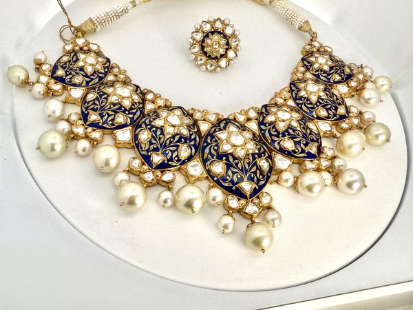 Royal Polki Necklace Set with Enamel and Pearl Detailing
